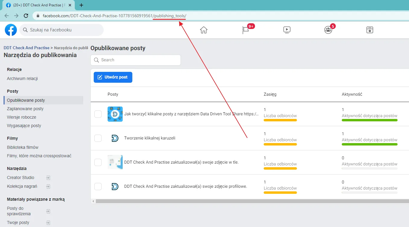 Creating a clickable Facebook carousel post: the publishing tools view