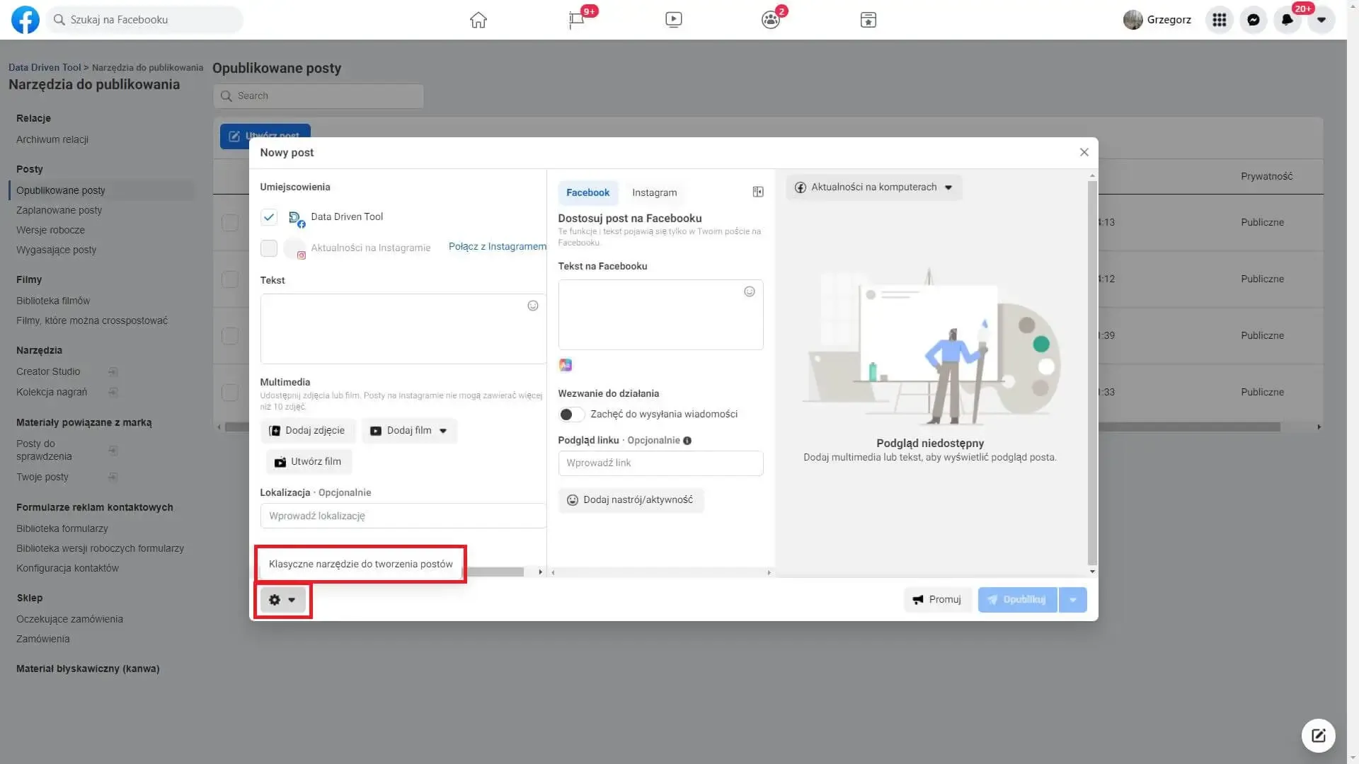 Creating a clickable Facebook carousel post: switching to the classic composer