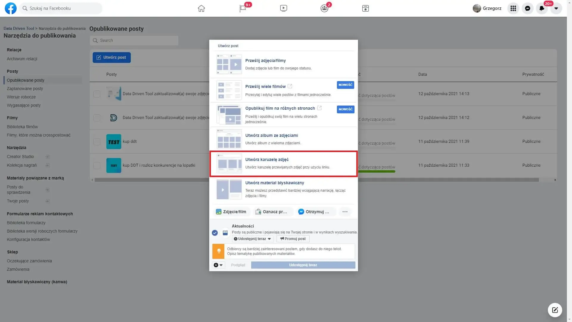 Creating a clickable Facebook carousel post: the Create a photo carousel option