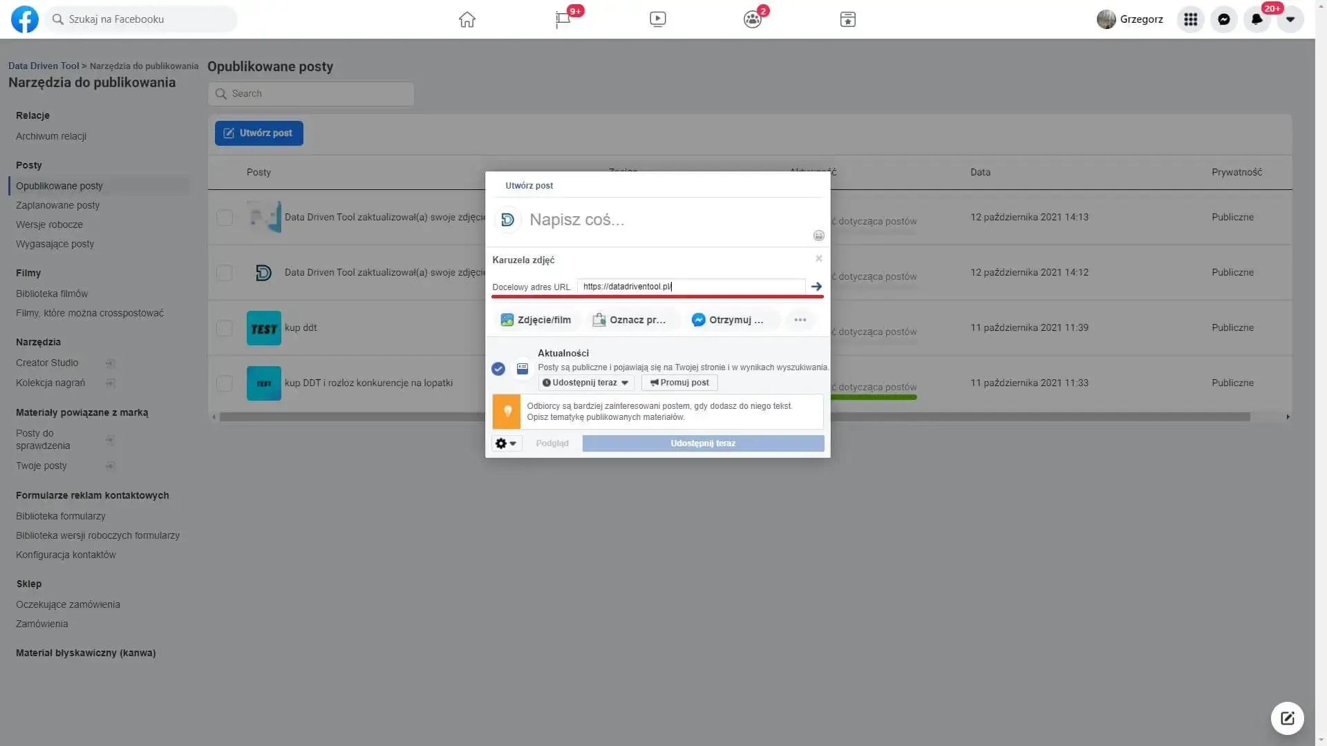 Creating a clickable Facebook carousel post: entering the destination URL