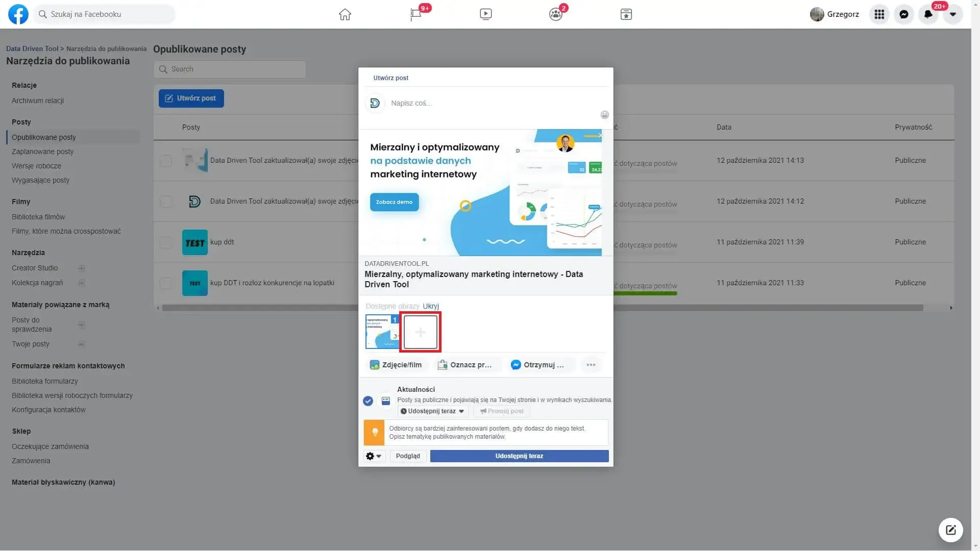 Creating a clickable Facebook carousel post: adding images