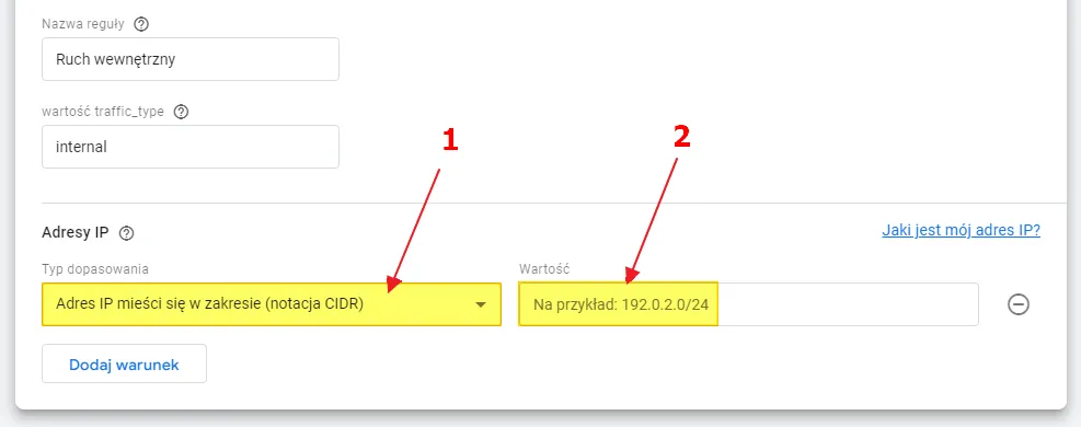 Screenshot 11: excluding internal traffic in GA4, IP address match type