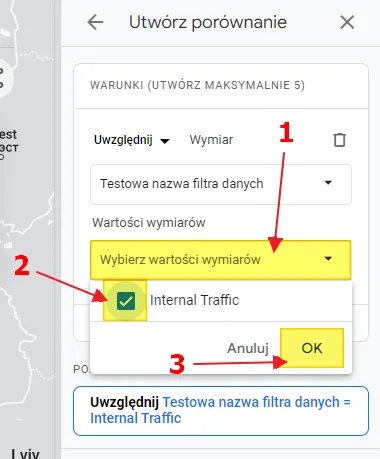 Screenshot 17: excluding internal traffic in GA4, Internal Traffic dimension value