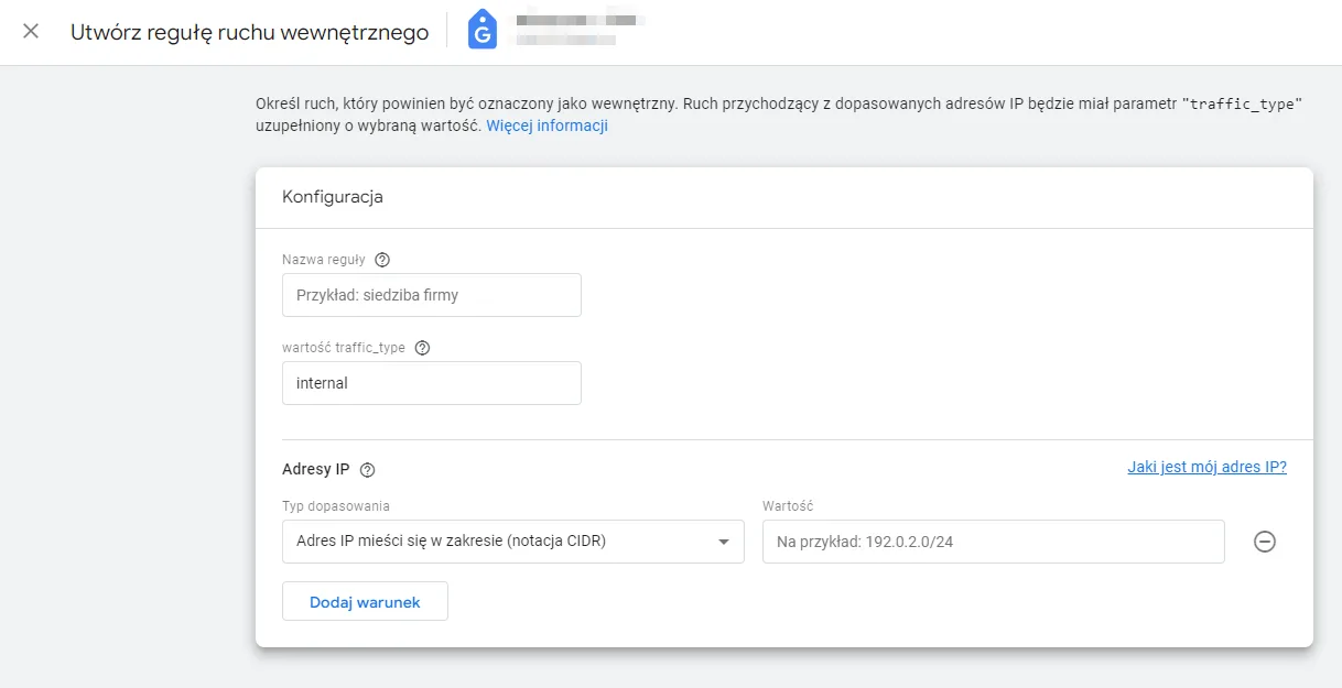 Screenshot 8: excluding internal traffic in GA4, new rule form