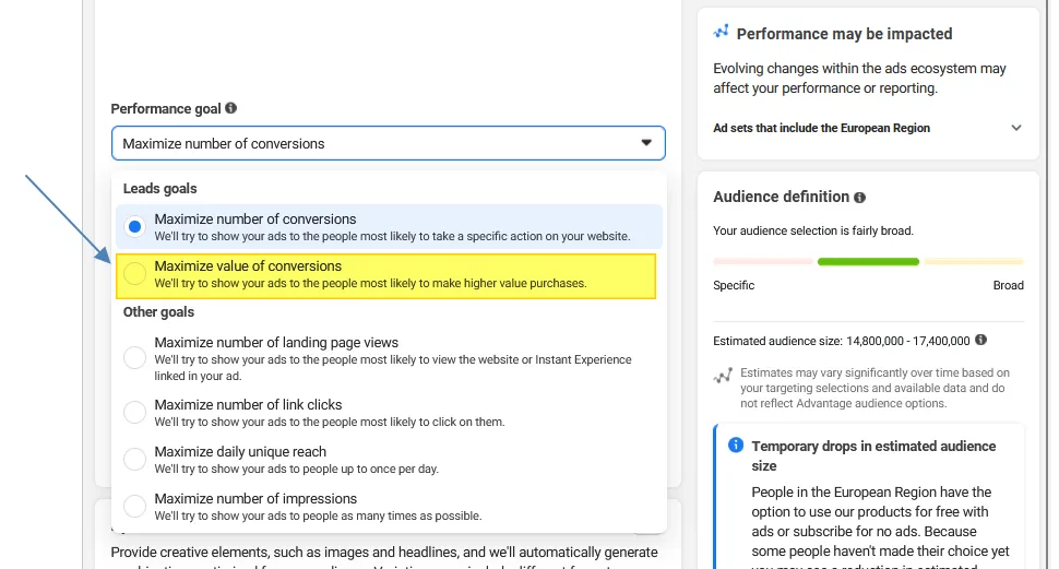 Screenshot 2: Conversion Leads optimization setting in Meta lead ads